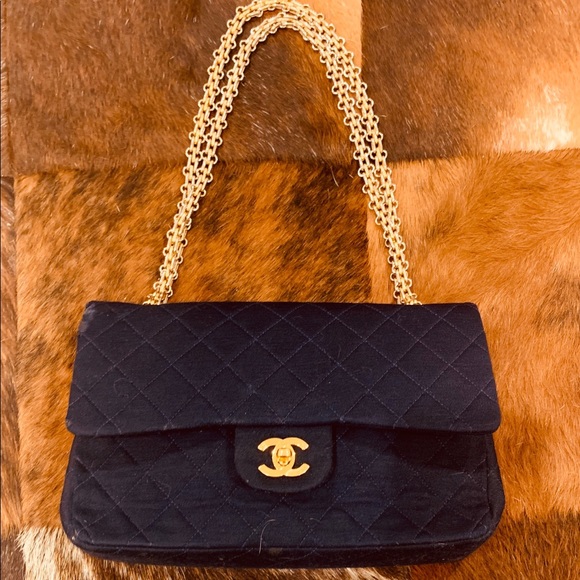 Authentic Chanel Jersey Double Chain Flap  Matelasse Navy - Picture 1 of 16